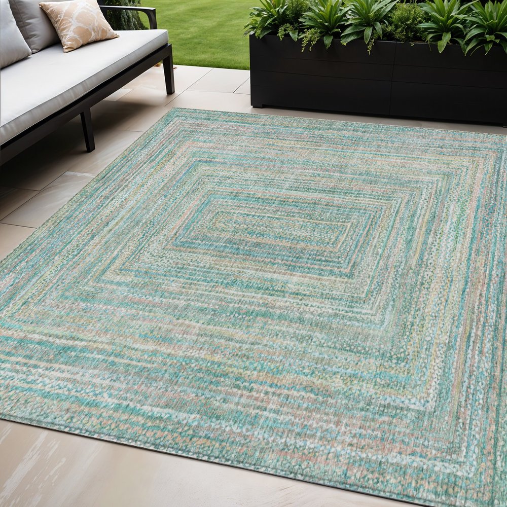 5' X 8' Teal Blue Beige And Ivory Geometric Washable Indoor Outdoor Area Rug HomeRoots