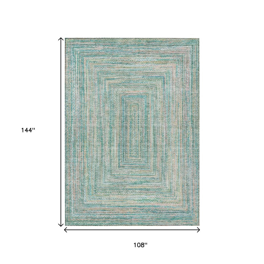 9' X 12' Teal Blue Beige And Ivory Geometric Washable Indoor Outdoor Area Rug HomeRoots