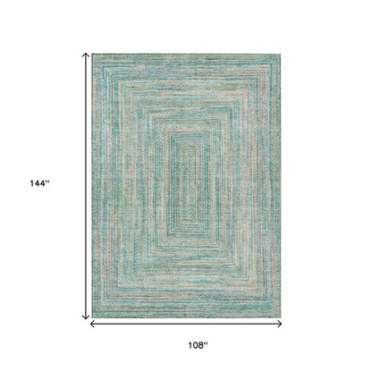 9' X 12' Teal Blue Beige And Ivory Geometric Washable Indoor Outdoor Area Rug HomeRoots