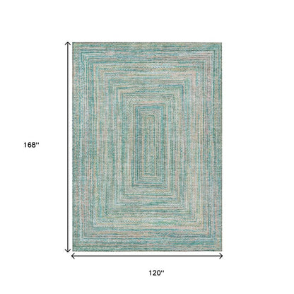 10' X 14' Teal Blue Beige And Ivory Geometric Washable Indoor Outdoor Area Rug HomeRoots