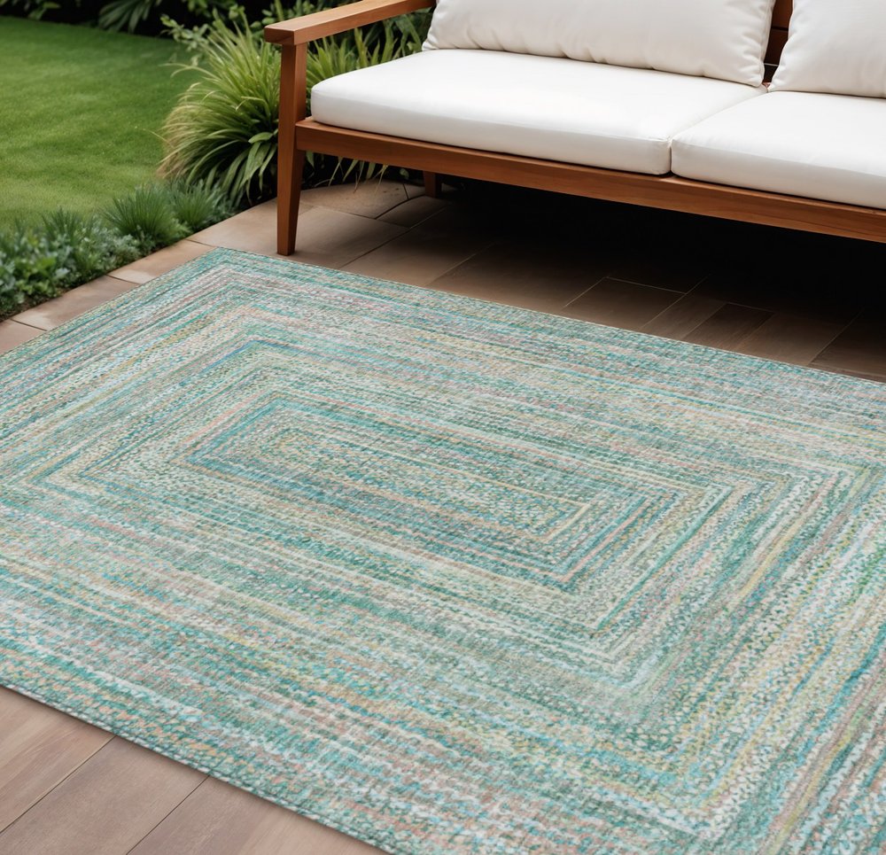 10' X 14' Teal Blue Beige And Ivory Geometric Washable Indoor Outdoor Area Rug HomeRoots