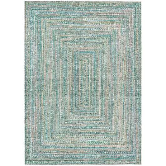 10' X 14' Teal Blue Beige And Ivory Geometric Washable Indoor Outdoor Area Rug