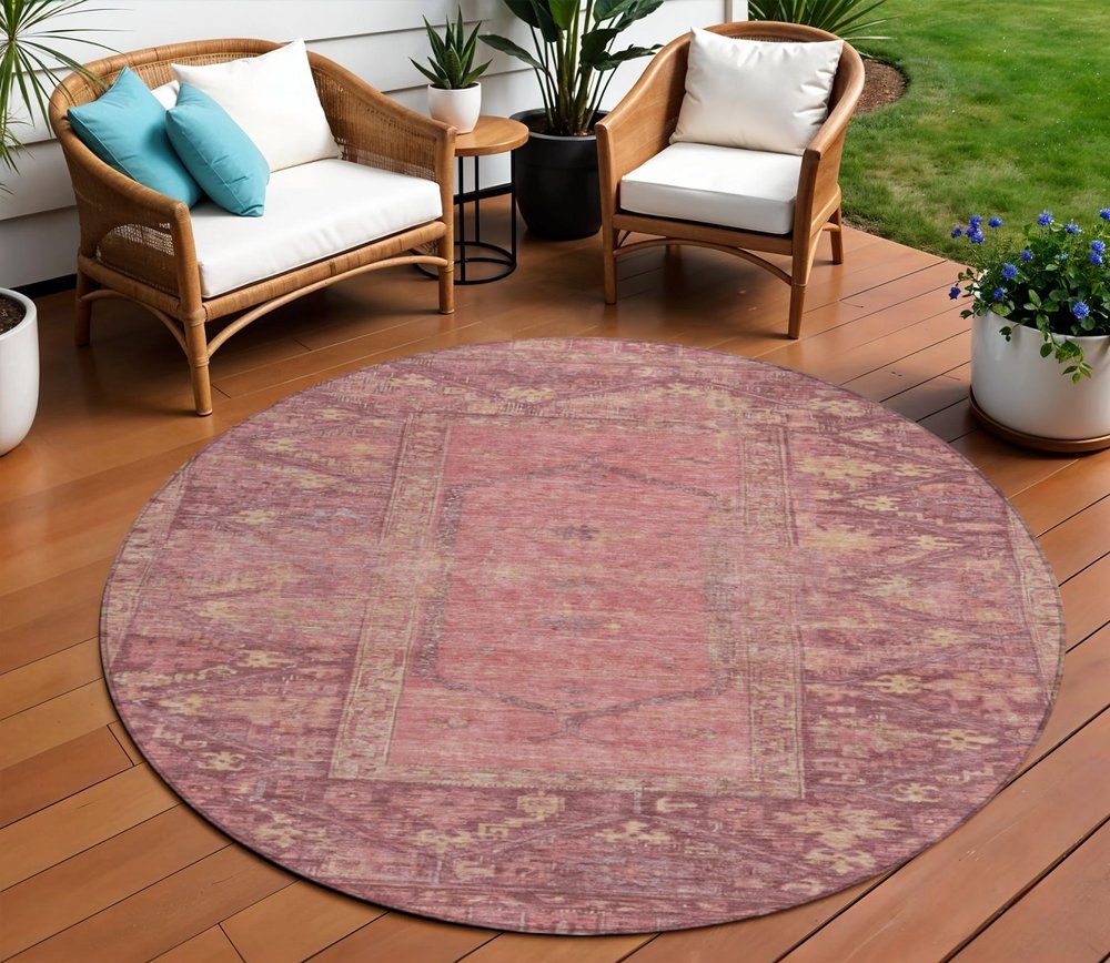 8' Blush And Pink Round Oriental Washable Indoor Outdoor Area Rug HomeRoots