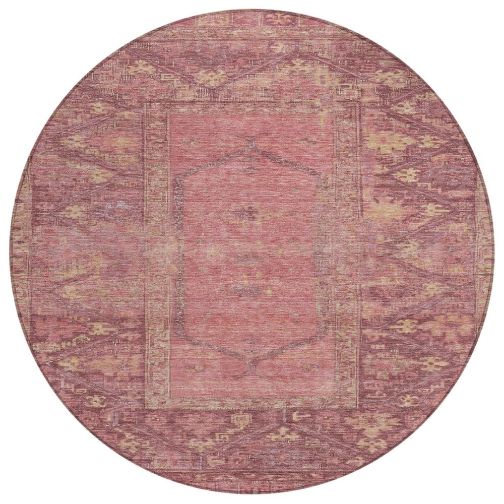 8' Blush And Pink Round Oriental Washable Indoor Outdoor Area Rug — view 1