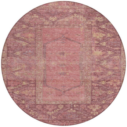 8' Blush And Pink Round Oriental Washable Indoor Outdoor Area Rug