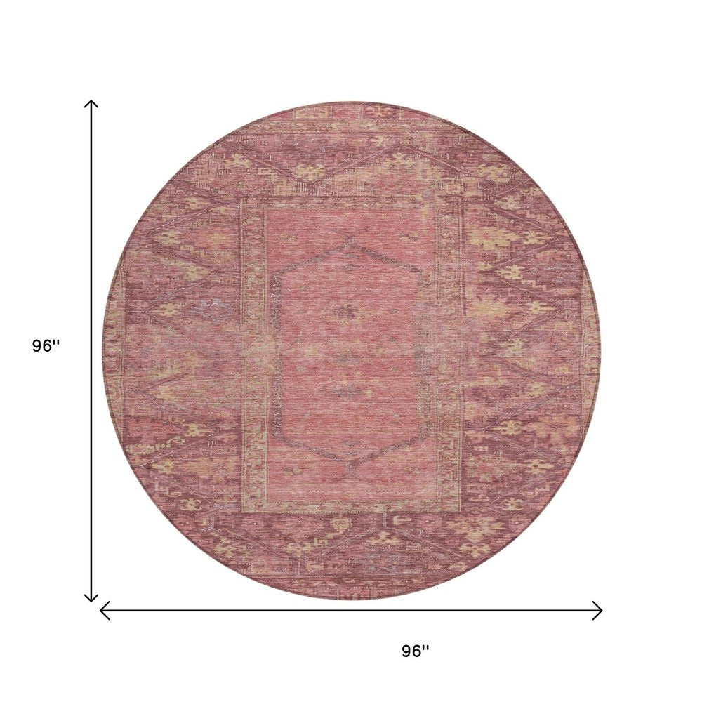 8' Blush And Pink Round Oriental Washable Indoor Outdoor Area Rug