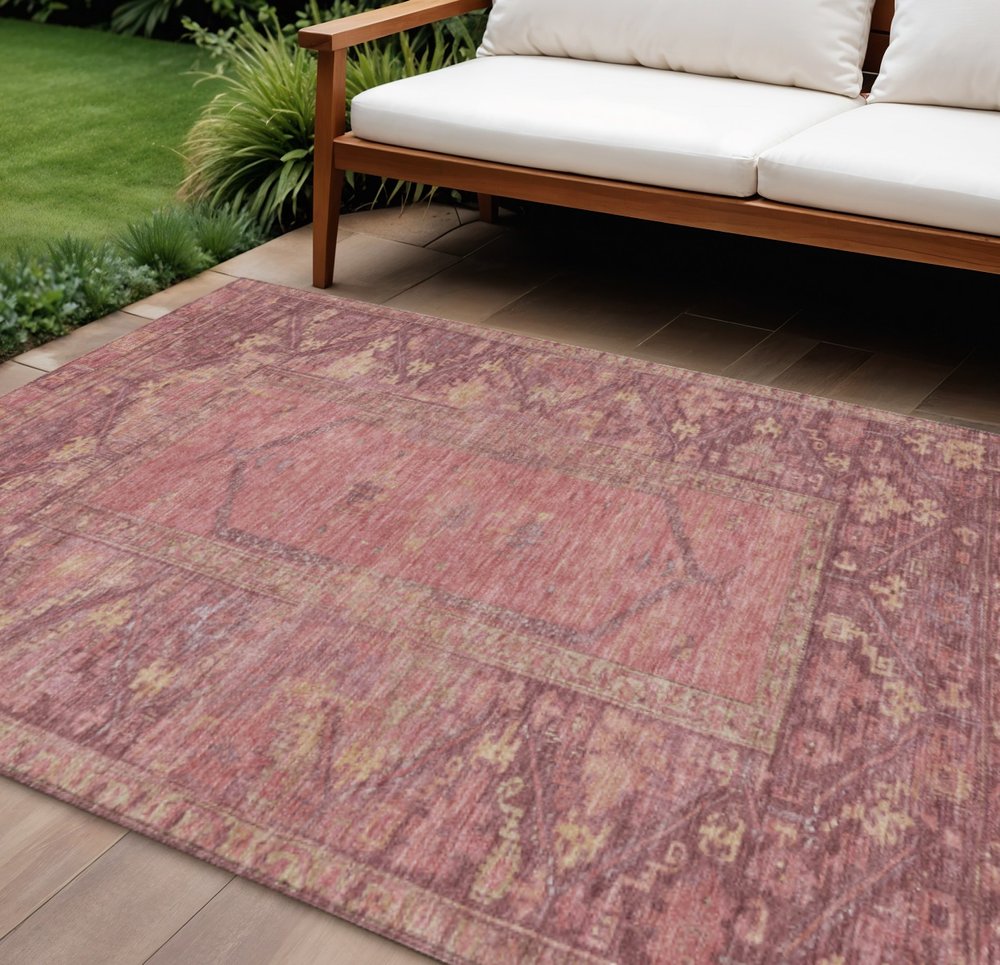 9' X 12' Blush And Pink Oriental Washable Indoor Outdoor Area Rug — view 8