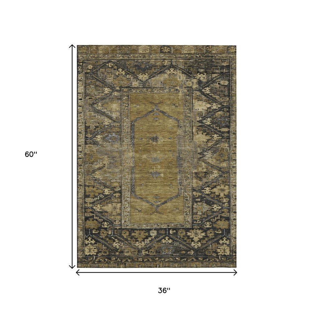 3' X 5' Brown And Charcoal Oriental Washable Indoor Outdoor Area Rug HomeRoots
