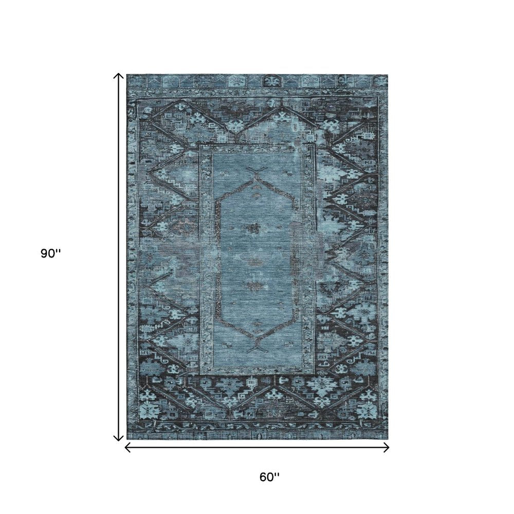 5' X 8' Blue And Gray Oriental Washable Indoor Outdoor Area Rug