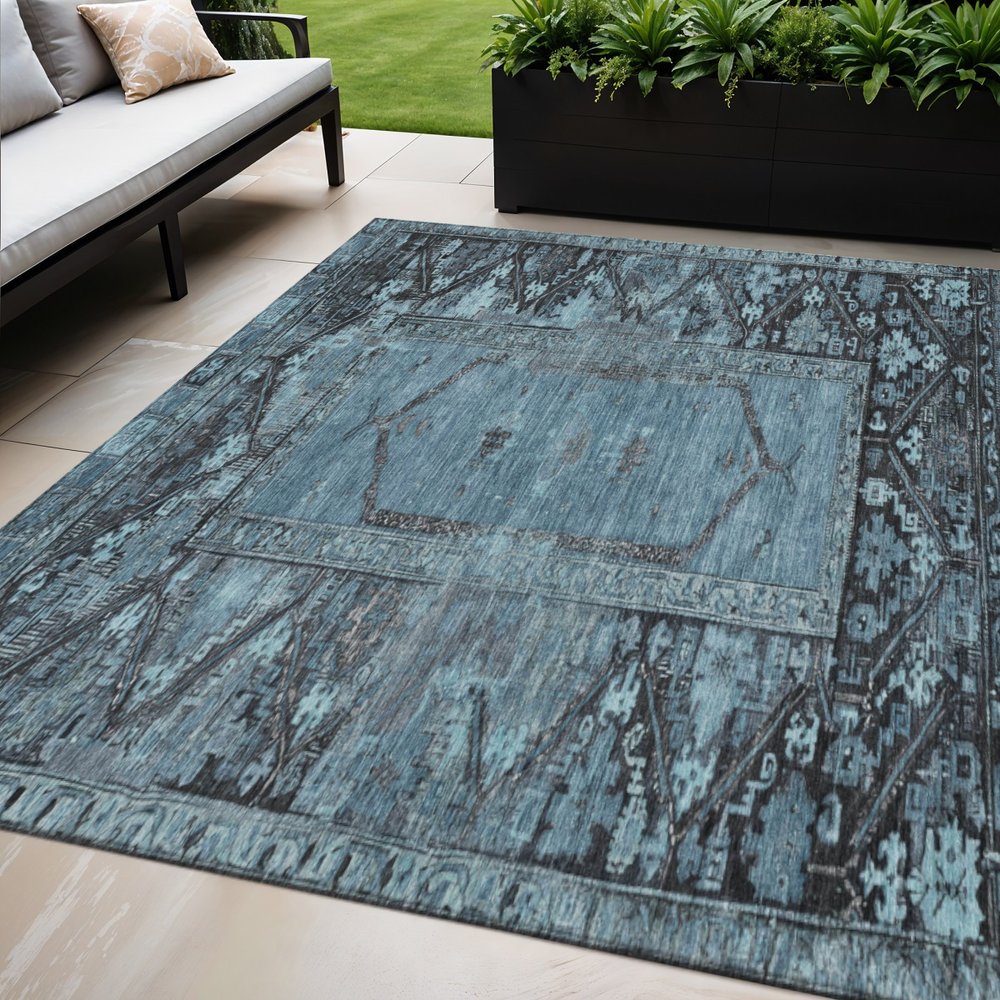 5' X 8' Blue And Gray Oriental Washable Indoor Outdoor Area Rug — view 7