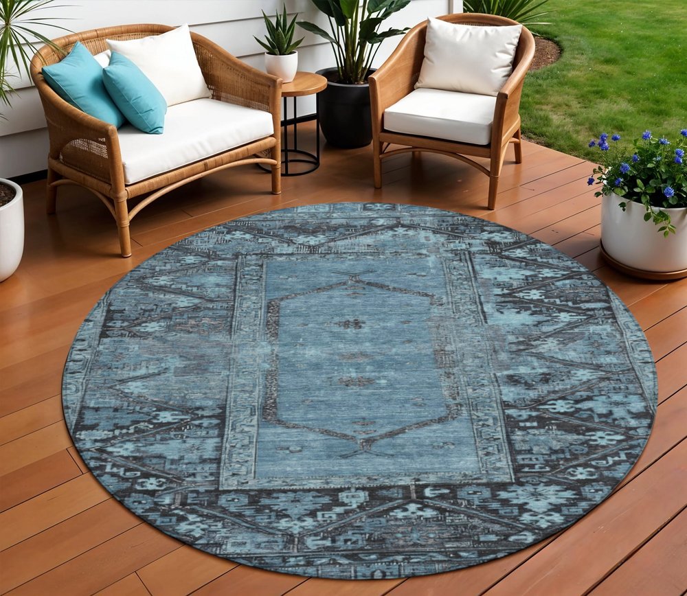 8' Blue And Gray Round Oriental Washable Indoor Outdoor Area Rug HomeRoots