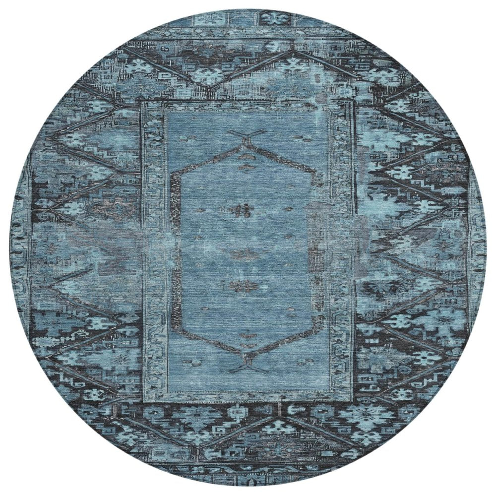 8' Blue And Gray Round Oriental Washable Indoor Outdoor Area Rug HomeRoots