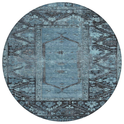 8' Blue And Gray Round Oriental Washable Indoor Outdoor Area Rug HomeRoots