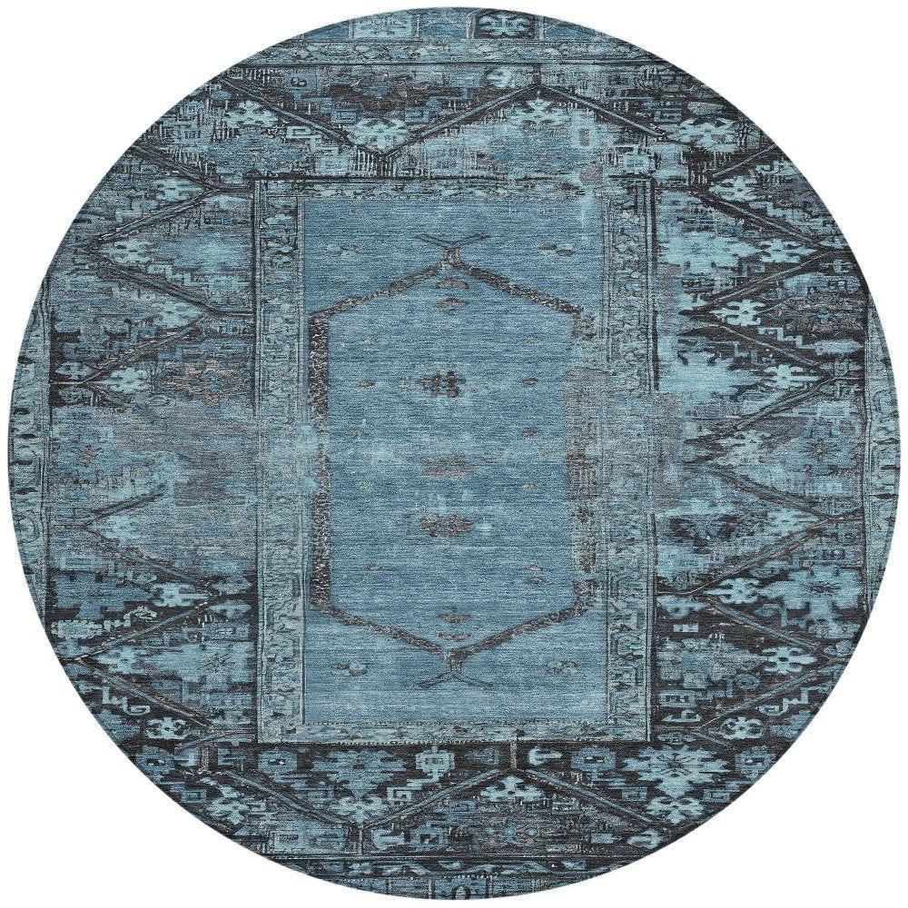 8' Blue And Gray Round Oriental Washable Indoor Outdoor Area Rug — view 5