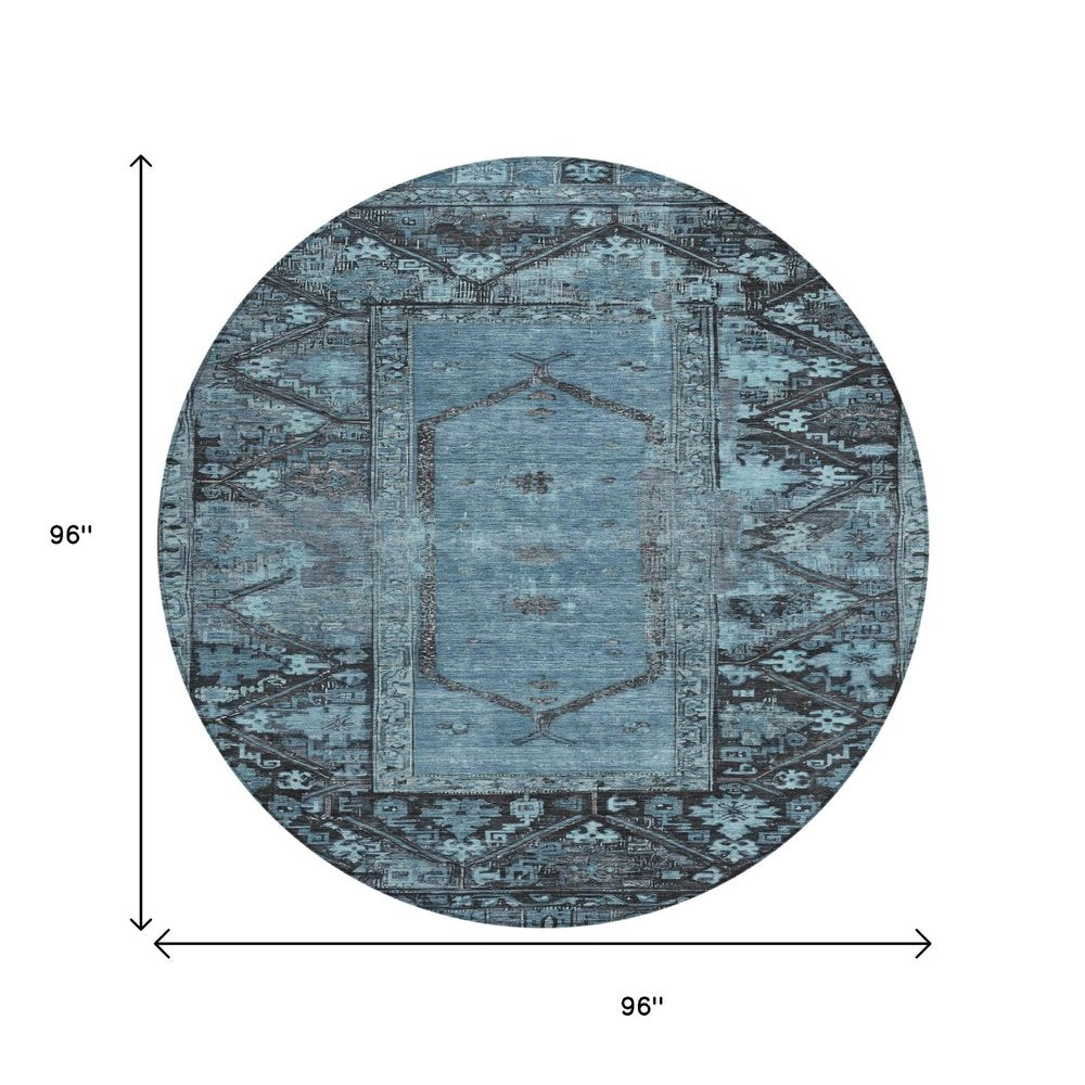 8' Blue And Gray Round Oriental Washable Indoor Outdoor Area Rug — view 6