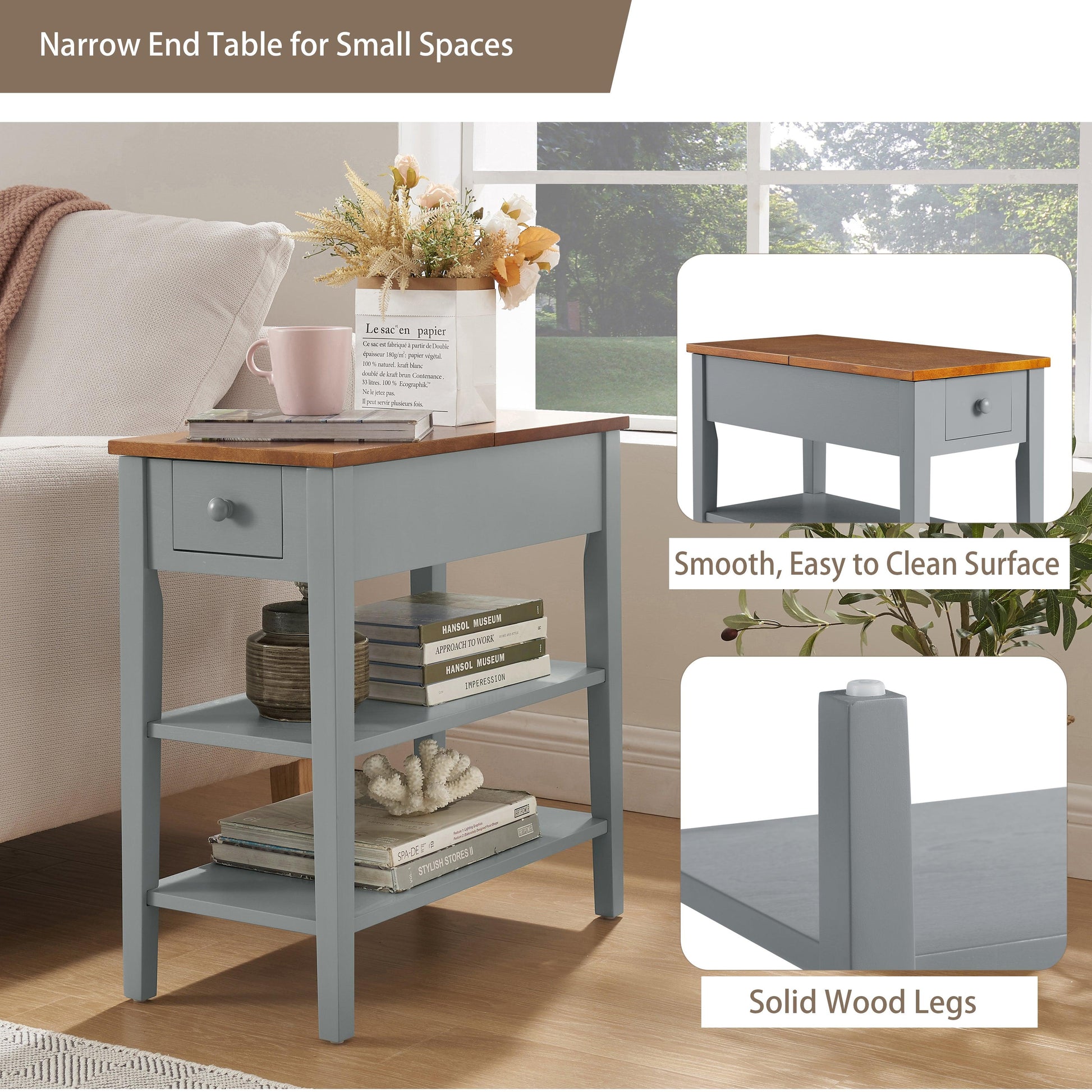 Narrow 2-tone End Table with USB Charging Ports for Small Space SOLID WOOD Table Legs Gray and Walnut 11.8"W*24"D*24.2"H - FurniFindUSA