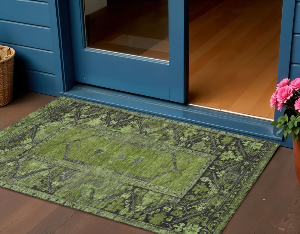 3' X 5' Olive Green And Gray Oriental Washable Indoor Outdoor Area Rug HomeRoots