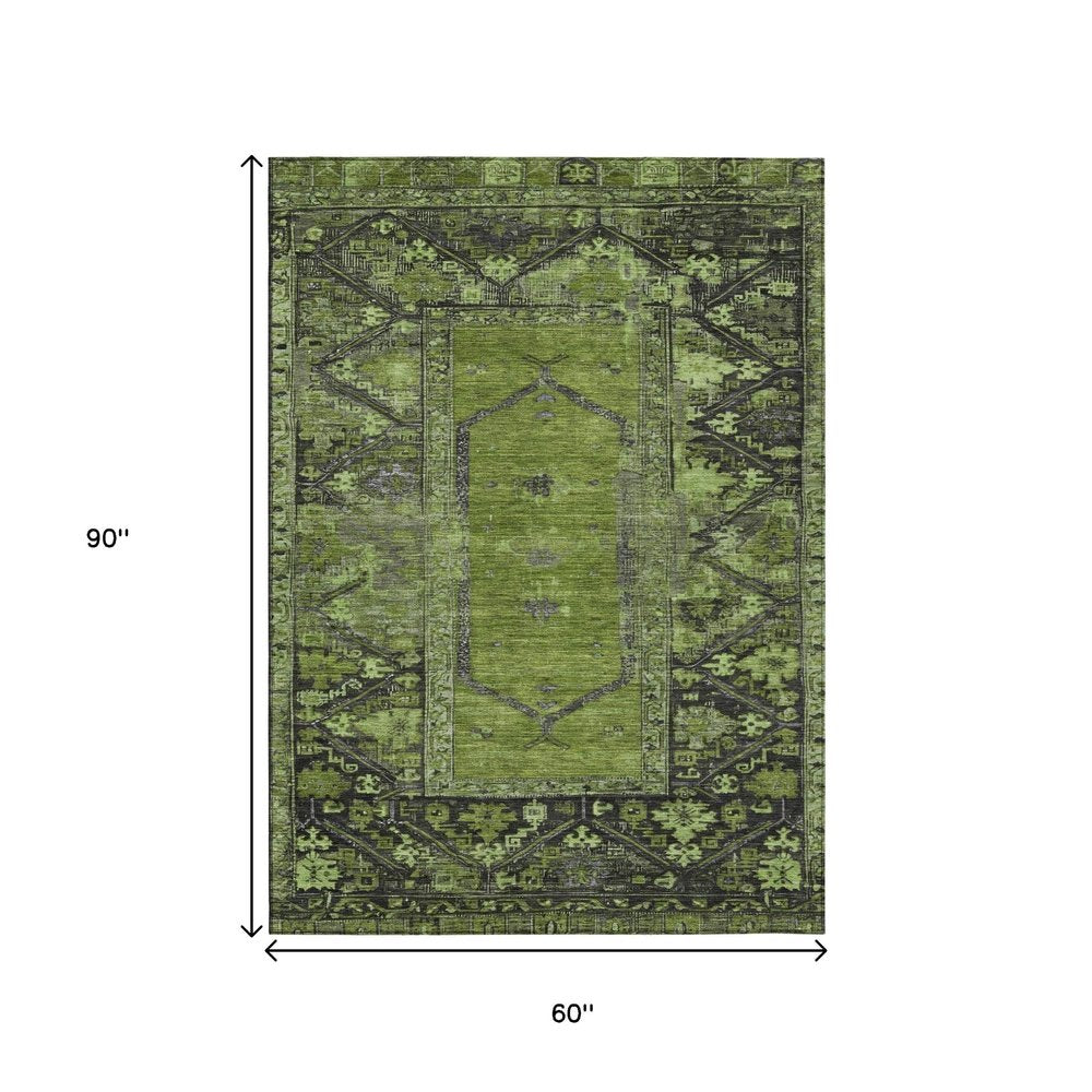5' X 8' Olive Green And Gray Oriental Washable Indoor Outdoor Area Rug — view 7