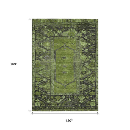 10' X 14' Olive Green And Gray Oriental Washable Indoor Outdoor Area Rug