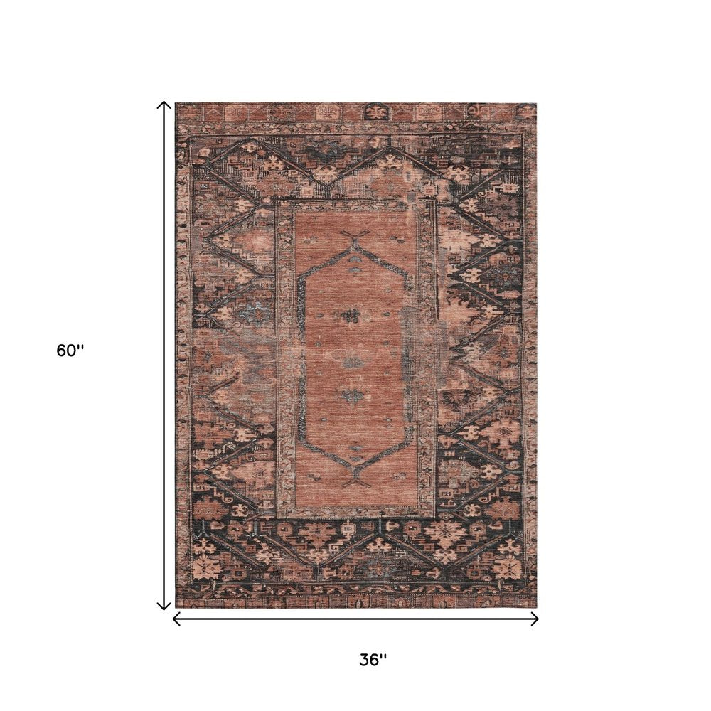 3' X 5' Terra Cotta And Gray Oriental Washable Indoor Outdoor Area Rug HomeRoots