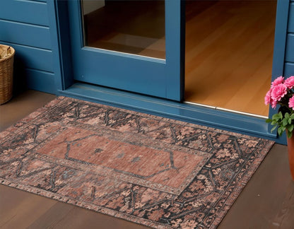 3' X 5' Terra Cotta And Gray Oriental Washable Indoor Outdoor Area Rug HomeRoots