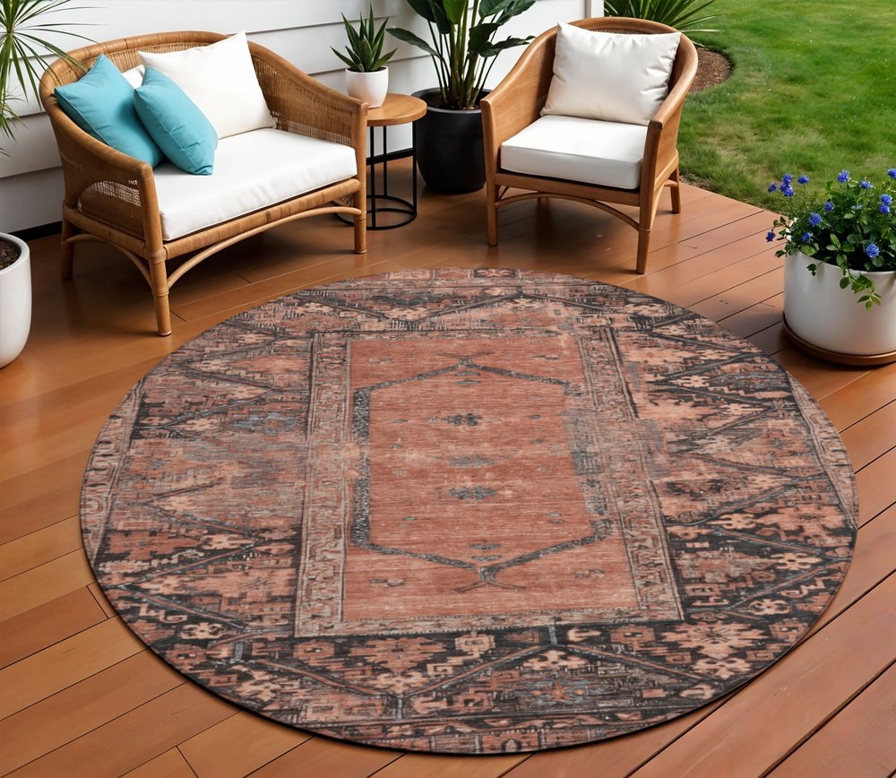 8' Terra Cotta And Gray Round Oriental Washable Indoor Outdoor Area Rug — view 7