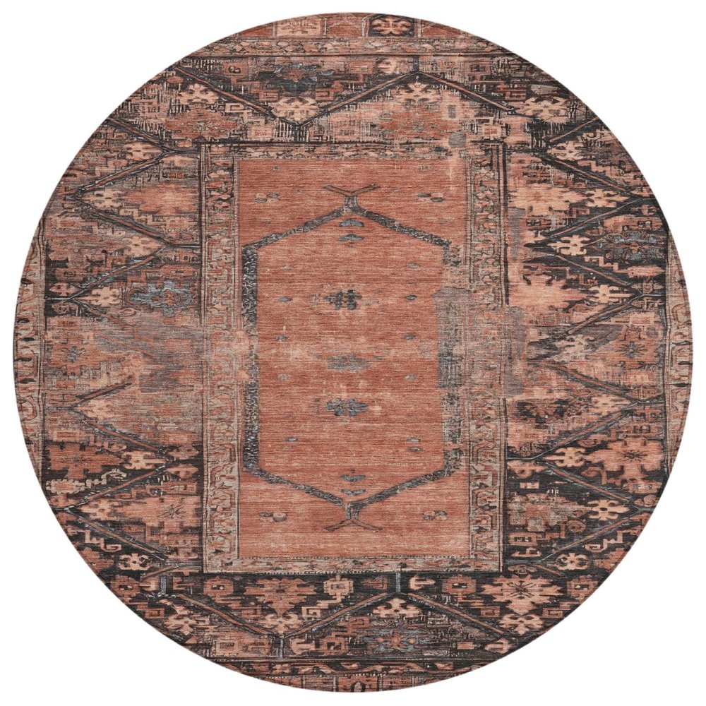 8' Terra Cotta And Gray Round Oriental Washable Indoor Outdoor Area Rug HomeRoots