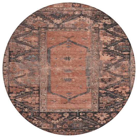 8' Terra Cotta And Gray Round Oriental Washable Indoor Outdoor Area Rug