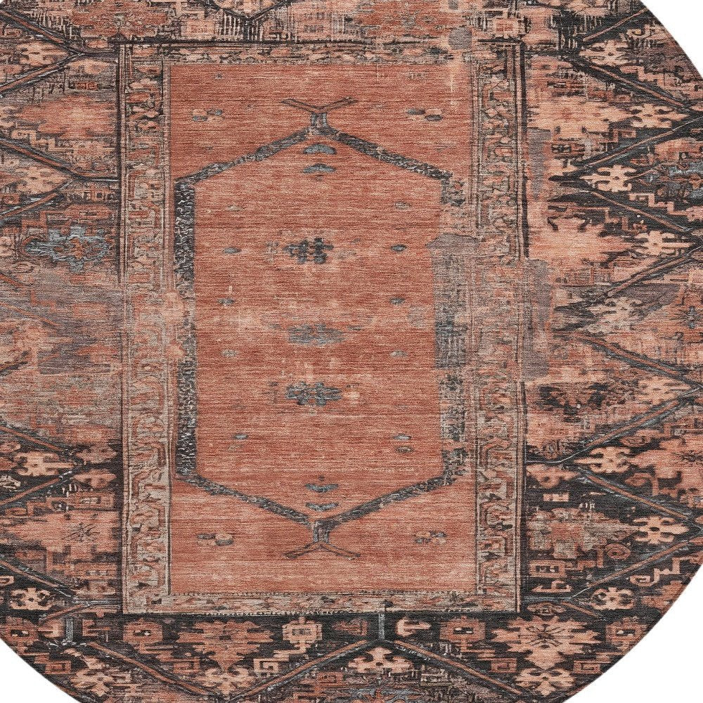 8' Terra Cotta And Gray Round Oriental Washable Indoor Outdoor Area Rug — view 4