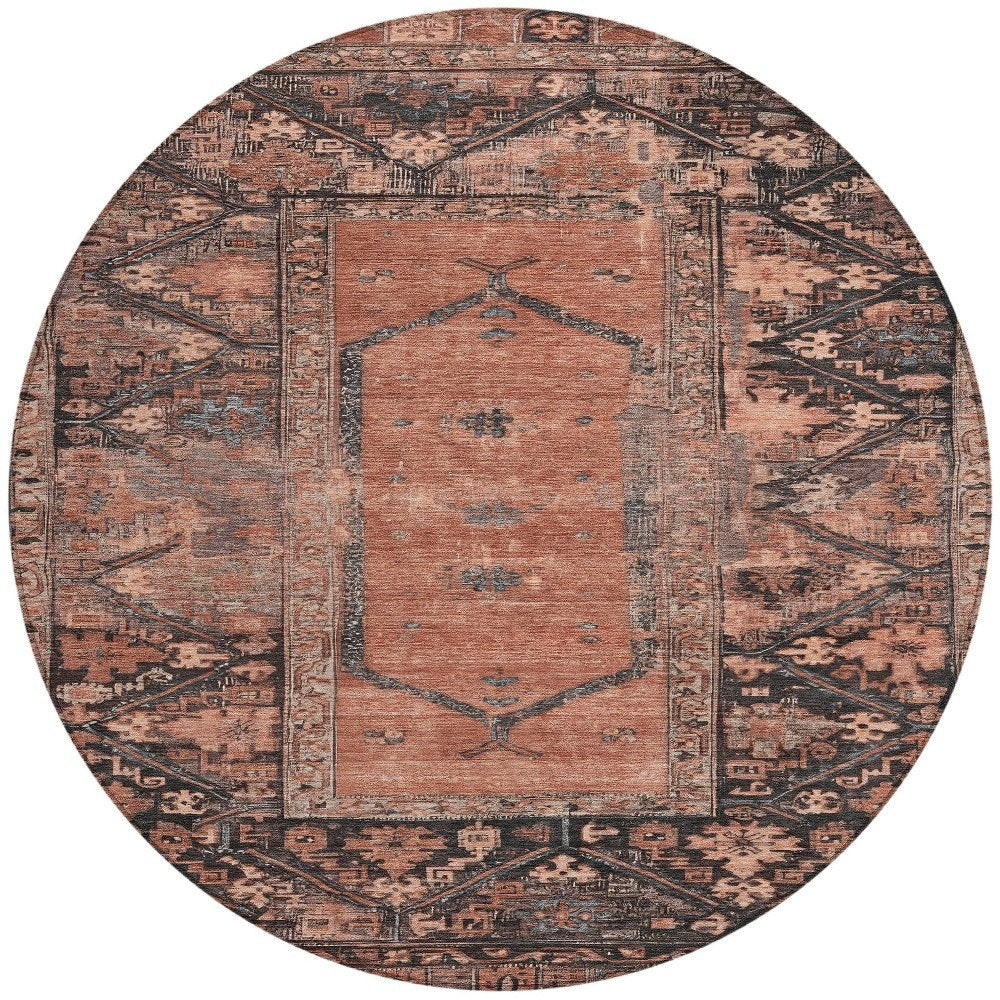 8' Terra Cotta And Gray Round Oriental Washable Indoor Outdoor Area Rug HomeRoots