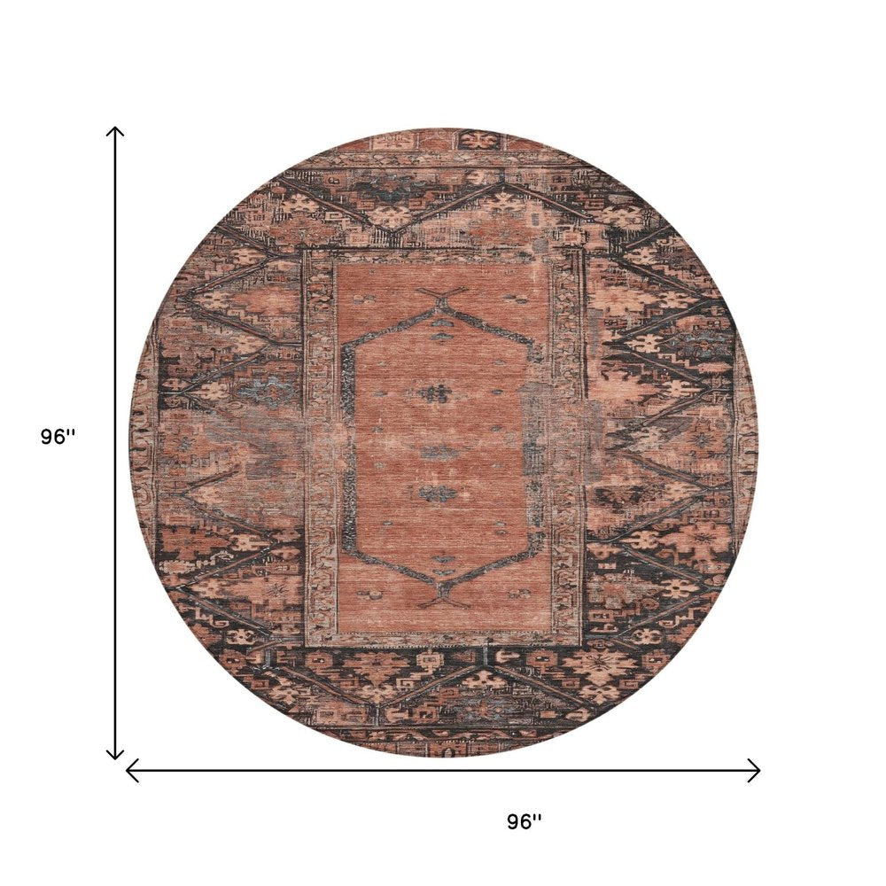 8' Terra Cotta And Gray Round Oriental Washable Indoor Outdoor Area Rug — view 6
