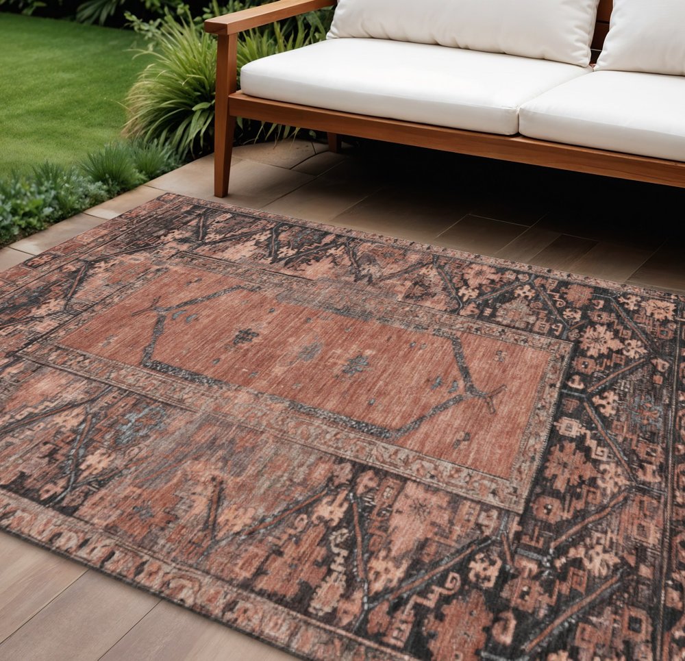 8' X 10' Terra Cotta And Gray Oriental Washable Indoor Outdoor Area Rug — view 8