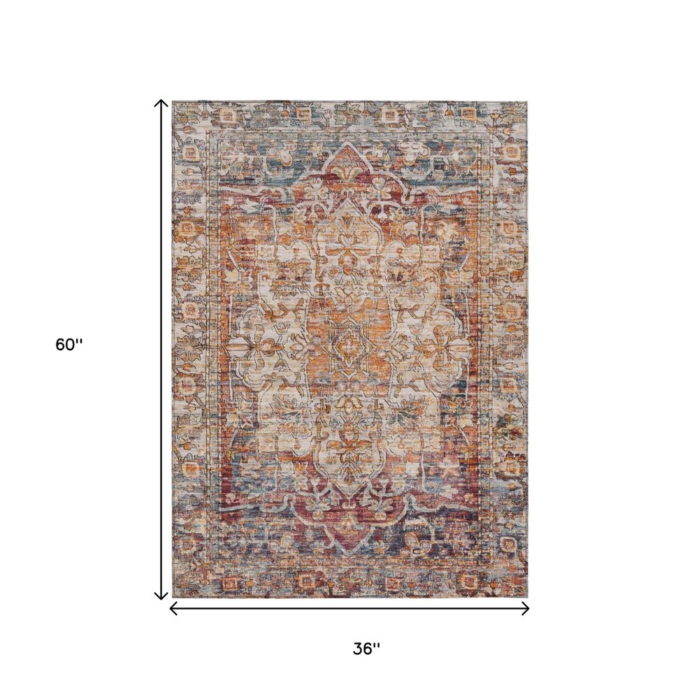 3' X 5' Copper And Ivory Floral Medallion Washable Indoor Outdoor Area Rug HomeRoots