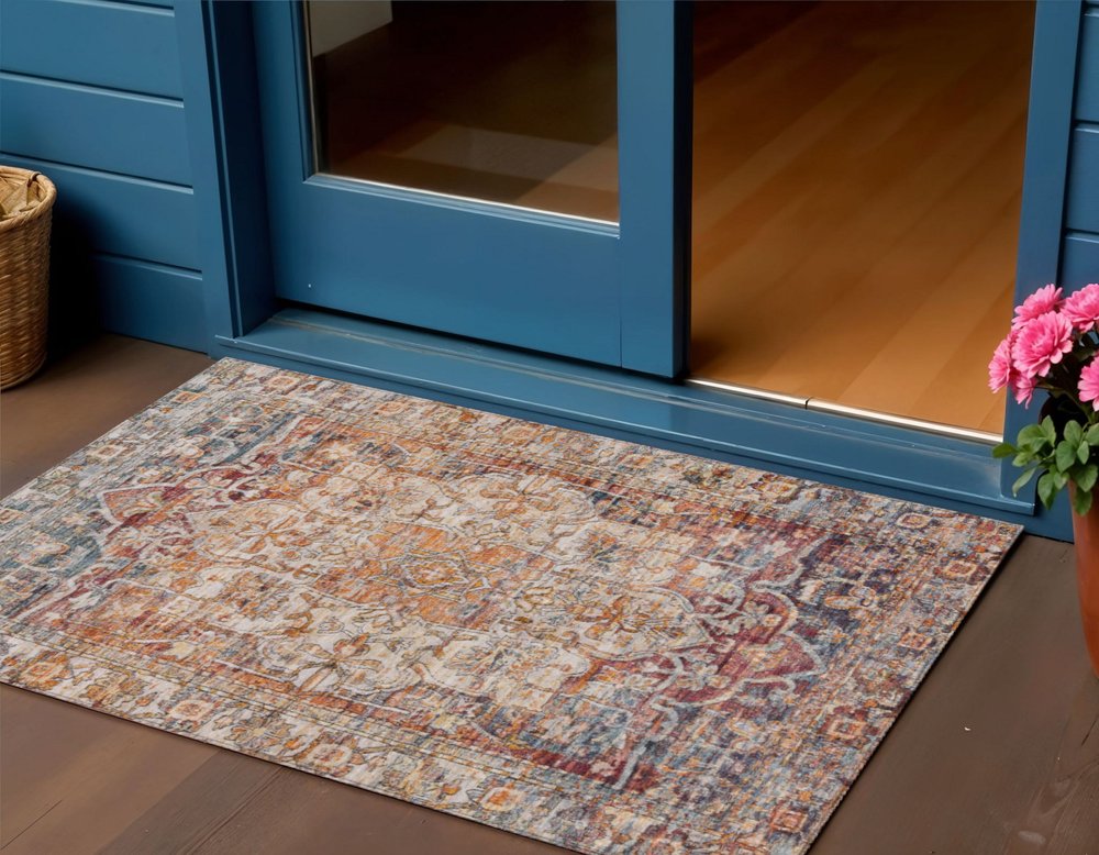 3' X 5' Copper And Ivory Floral Medallion Washable Indoor Outdoor Area Rug HomeRoots
