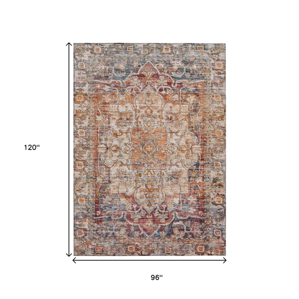 8' X 10' Copper And Ivory Floral Medallion Washable Indoor Outdoor Area Rug — view 7