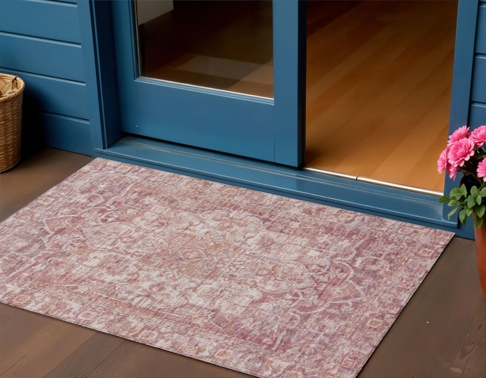 3' X 5' Rust And Ivory Floral Medallion Washable Indoor Outdoor Area Rug