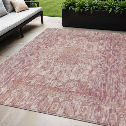 5' X 8' Rust And Ivory Floral Medallion Washable Indoor Outdoor Area Rug