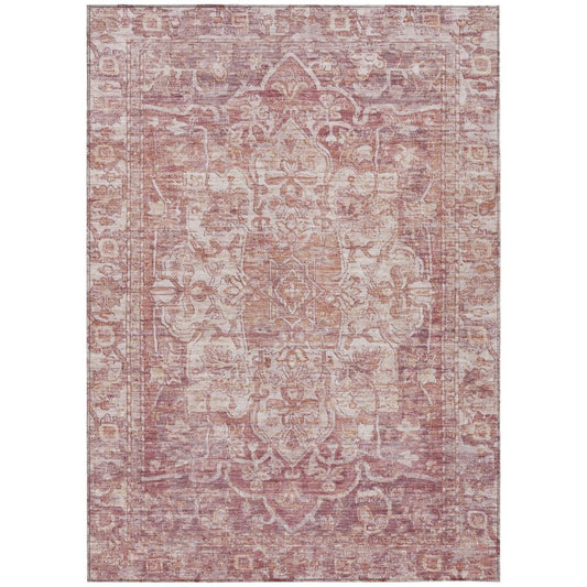 5' X 8' Rust And Ivory Floral Medallion Washable Indoor Outdoor Area Rug
