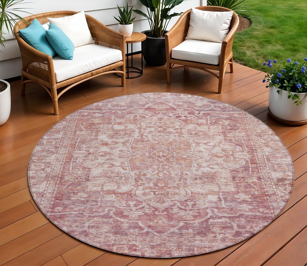 8' Rust And Ivory Round Floral Medallion Washable Indoor Outdoor Area Rug — view 16