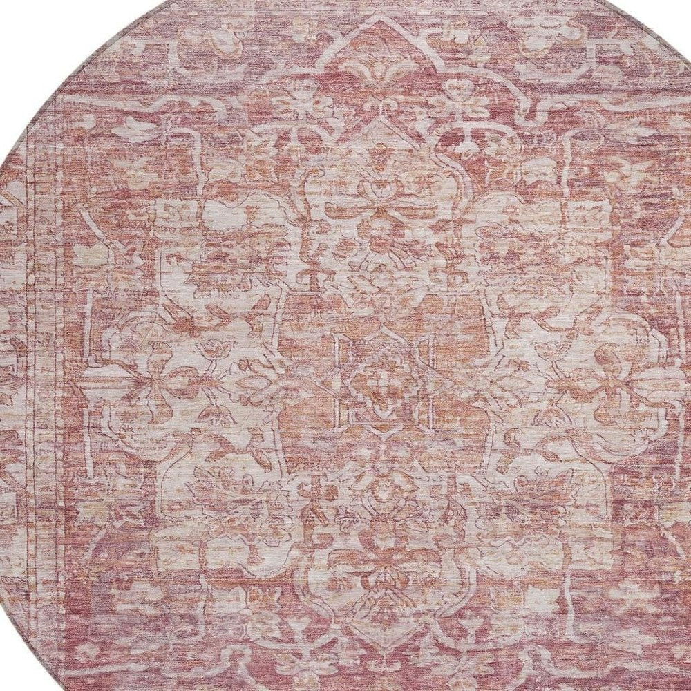 8' Rust And Ivory Round Floral Medallion Washable Indoor Outdoor Area Rug HomeRoots
