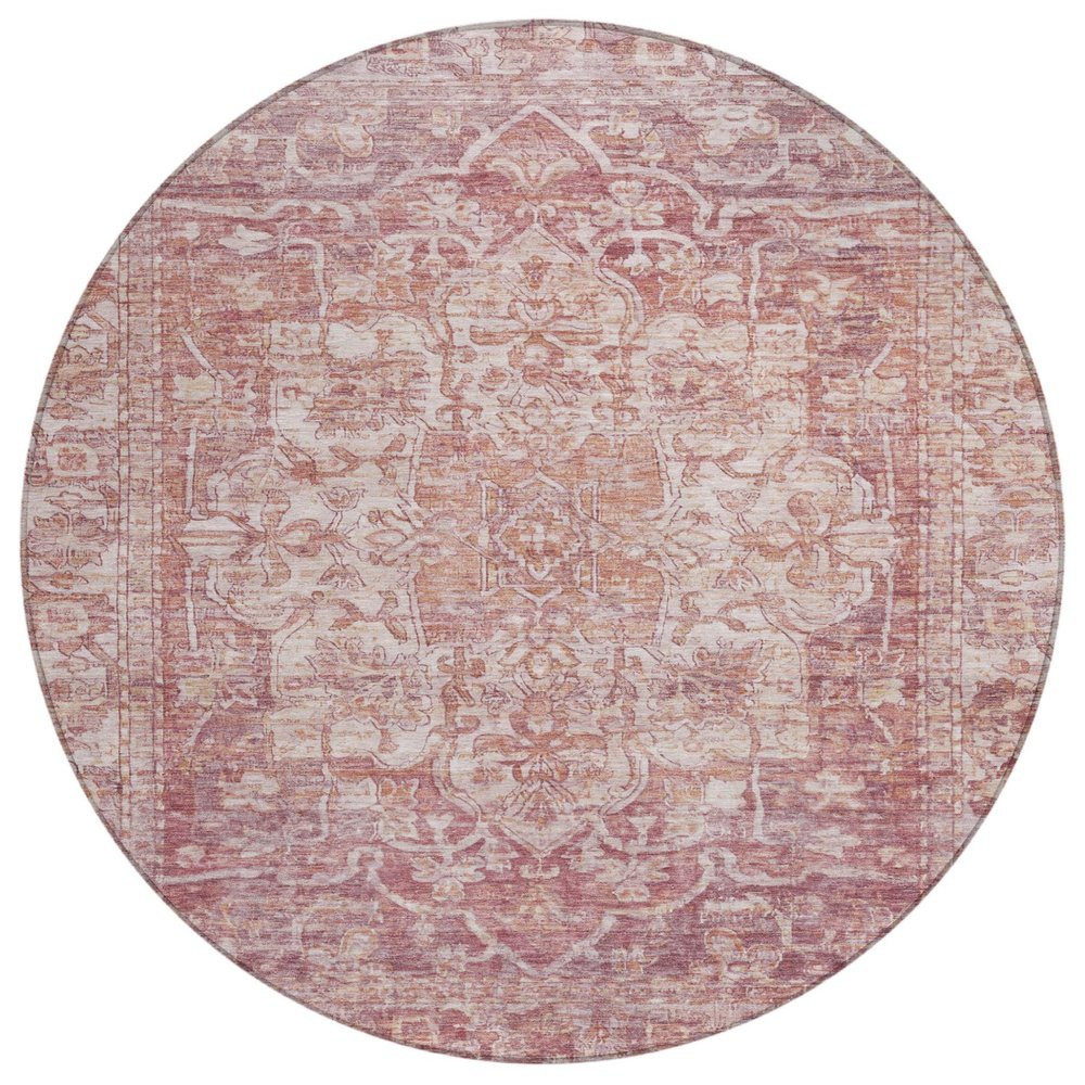 8' Rust And Ivory Round Floral Medallion Washable Indoor Outdoor Area Rug — view 1