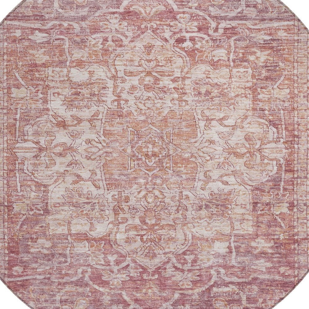 8' Rust And Ivory Round Floral Medallion Washable Indoor Outdoor Area Rug HomeRoots
