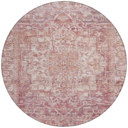 8' Rust And Ivory Round Floral Medallion Washable Indoor Outdoor Area Rug