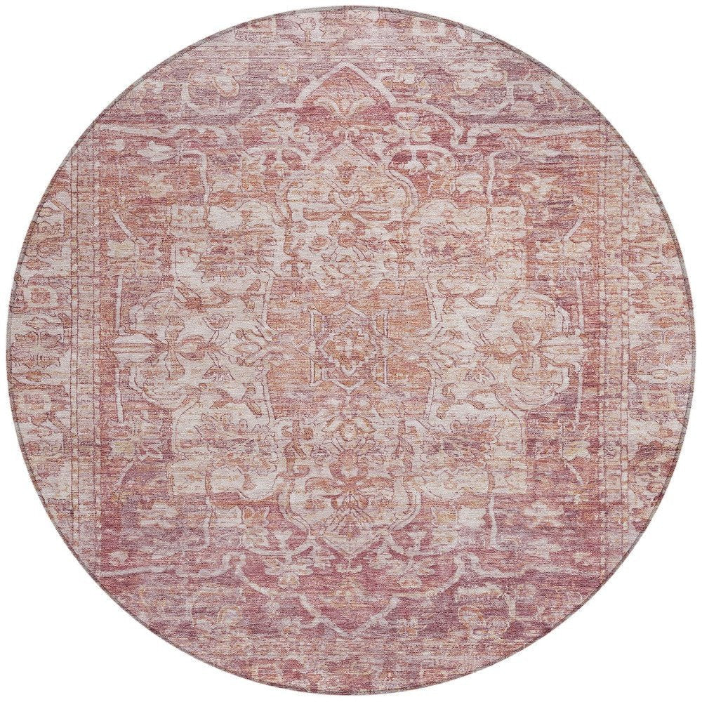 8' Rust And Ivory Round Floral Medallion Washable Indoor Outdoor Area Rug — view 6