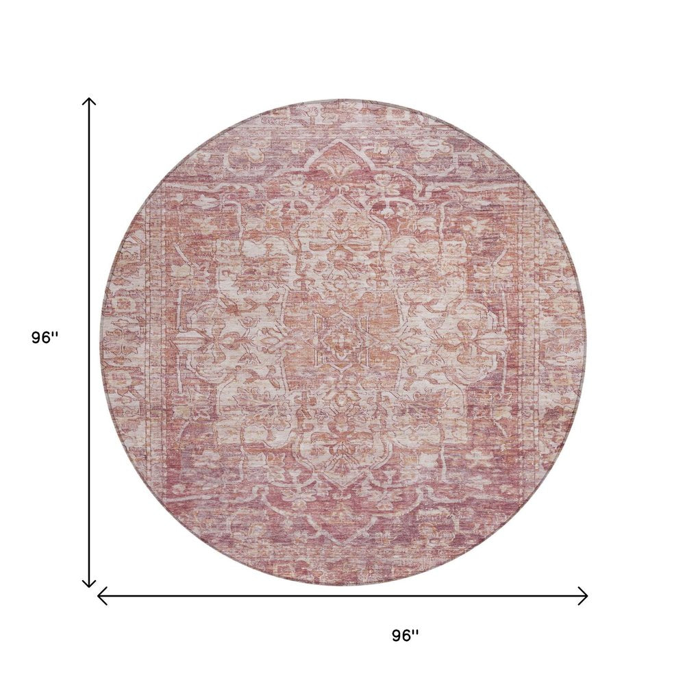 8' Rust And Ivory Round Floral Medallion Washable Indoor Outdoor Area Rug — view 6