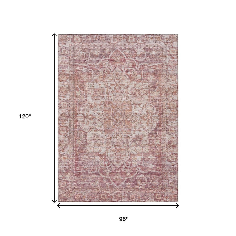 8' X 10' Rust And Ivory Floral Medallion Washable Indoor Outdoor Area Rug — view 6