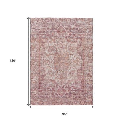 8' X 10' Rust And Ivory Floral Medallion Washable Indoor Outdoor Area Rug
