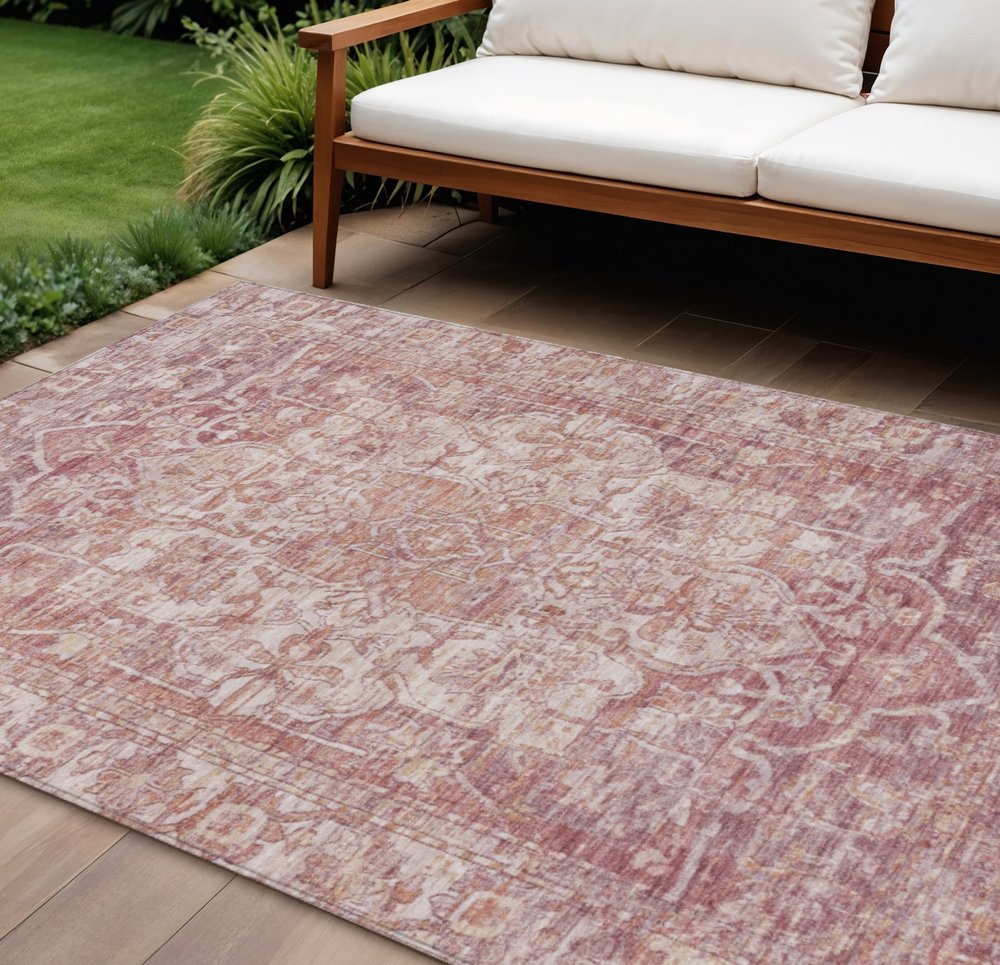 9' X 12' Rust And Ivory Floral Medallion Washable Indoor Outdoor Area Rug — view 7