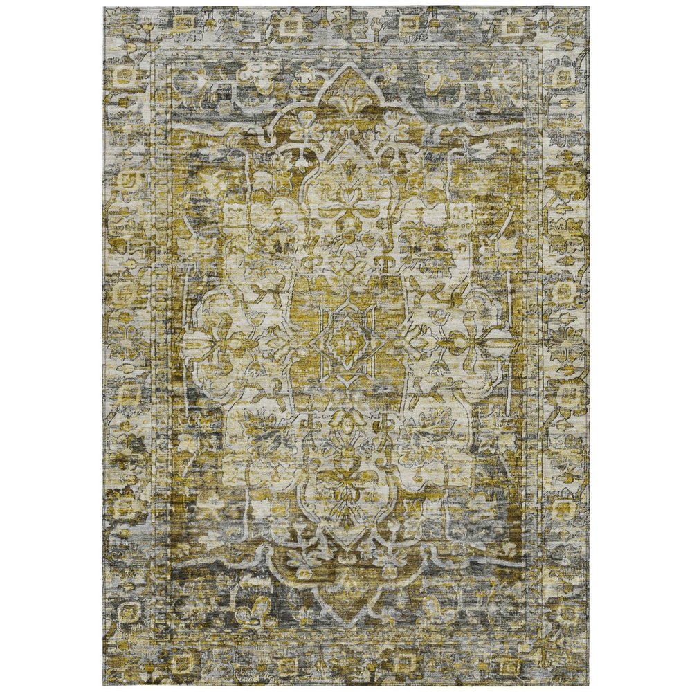 8' X 10' Pewter Gray And Gold Floral Medallion Washable Indoor Outdoor Area Rug