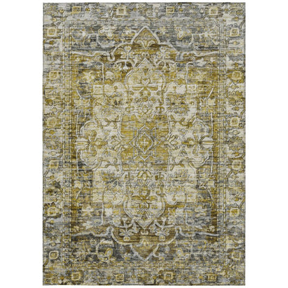 8' X 10' Pewter Gray And Gold Floral Medallion Washable Indoor Outdoor Area Rug
